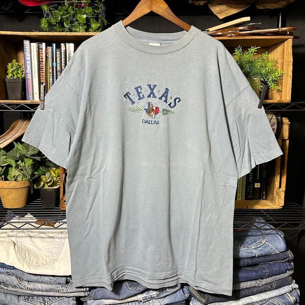 Vintage 90s Dallas Texas Embroidered Tee Shirt Light Blue Made In USA Mens 2XL